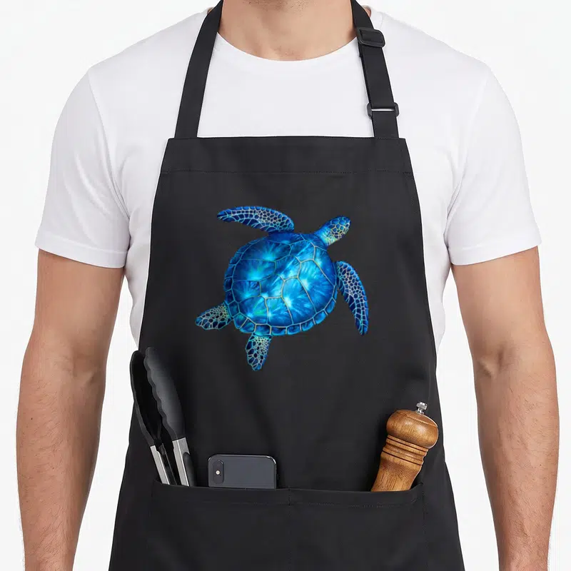 Honu hawaiian apron - Realistic blue and cyan sea turtle illustration centered on black fabric — shown on a black cotton canvas apron against a white background