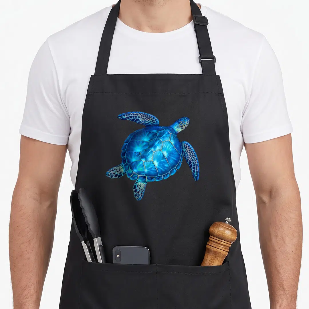 Honu hawaiian apron - Realistic blue and cyan sea turtle illustration centered on black fabric — shown on a black cotton canvas apron against a white background