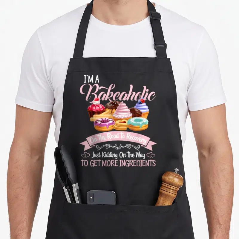 Bakeaholic cupcake apron - I'm a Bakeaholic text above cupcakes donuts and cookies with pink ribbon banner — shown on a black cotton canvas apron against a white background