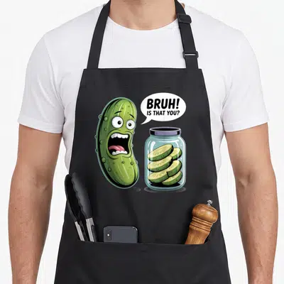 Pickling pickle apron - Shocked cartoon cucumber saying BRUH IS THAT YOU near a jar of pickle slices — shown on a black cotton canvas apron against a white background