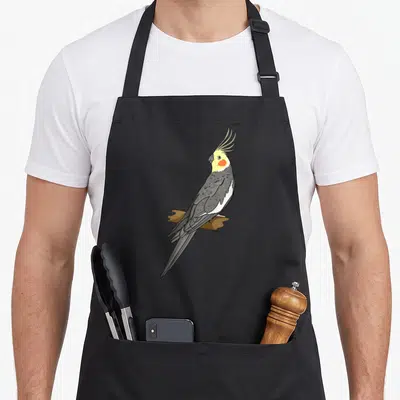 Owner bird apron - Cartoon cockatiel perched on brown branch with grey, yellow, orange, and brown feathers — shown on a black cotton canvas apron against a white background