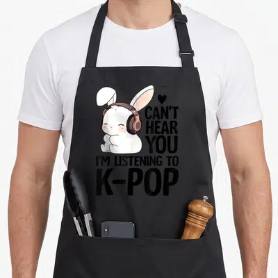 Hear bunny apron - Cartoon white rabbit with brown headphones and black text reading CAN'T HEAR YOU I'M LISTENING — shown on a black cotton canvas apron against a white background