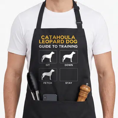 Catahoula dog training apron - Orange text and white dog silhouettes with an empty STAY box on grey background — shown on a black cotton canvas apron against a white background