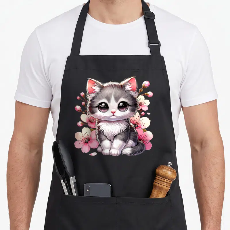 Cherry blossom cat apron - Grey and white cartoon kitten surrounded by pink cherry blossoms and buds — shown on a black cotton canvas apron against a white background