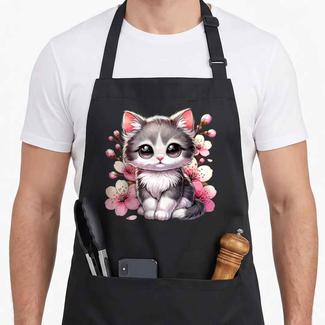 Cherry blossom cat apron - Grey and white cartoon kitten surrounded by pink cherry blossoms and buds — shown on a black cotton canvas apron against a white background