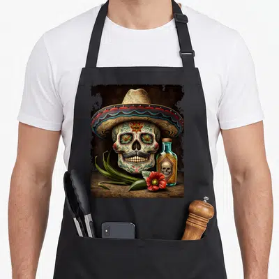 Mexican sugar skull apron - Decorated skull in sombrero with tequila bottle, red flower, green leaves on wood surface — shown on a black cotton canvas apron against a white background