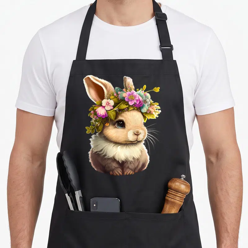 Flower easter bunny aprons - Realistic tan bunny wearing a colorful crown of pink, purple, and green flowers — shown on a black cotton canvas apron against a white background