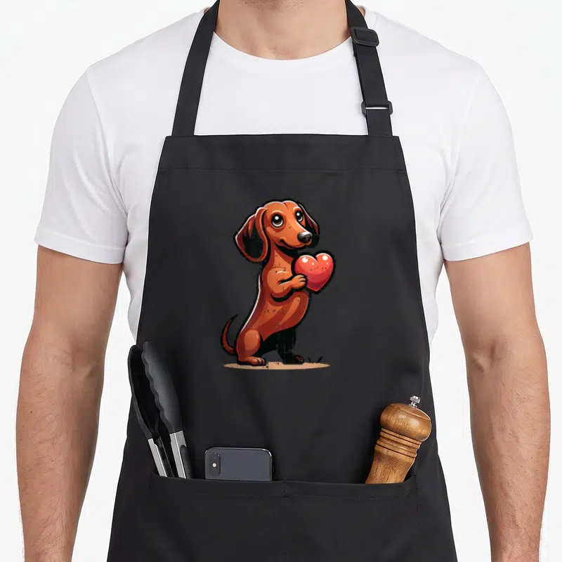 Dachshund valentine's day apron - Brown cartoon dachshund standing and holding a red heart in its paws — shown on a black cotton canvas apron against a white background
