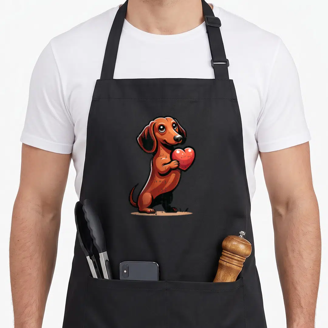 Dachshund valentine's day apron - Brown cartoon dachshund standing and holding a red heart in its paws — shown on a black cotton canvas apron against a white background