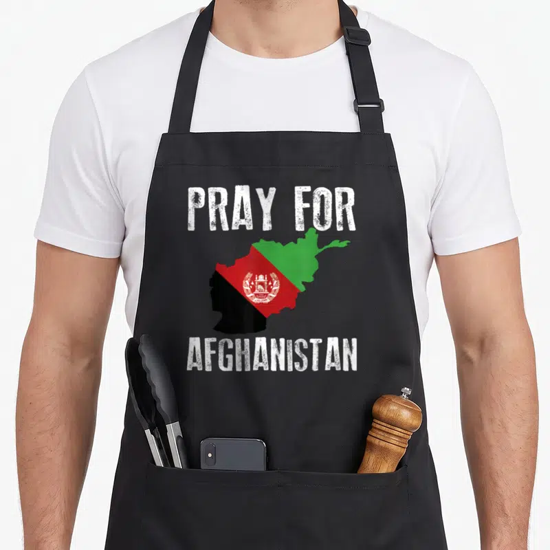Pray distressed apron - Map of Afghanistan in black red green flag colors with white text — shown on a black cotton canvas apron against a white background