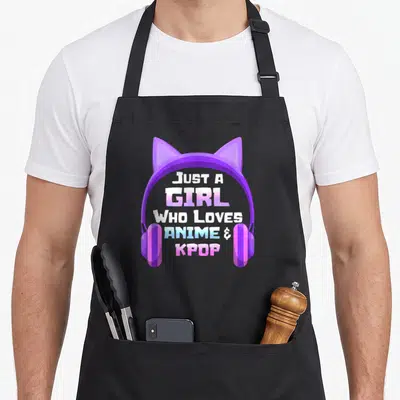 Music japan apron - Purple cat-ear headphones framing stacked text JUST A GIRL WHO LOVES ANIME & KPOP in white pink — shown on a black cotton canvas apron against a white background