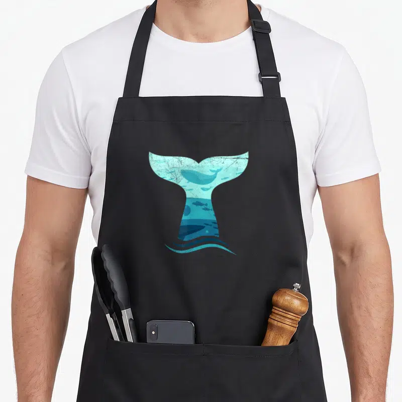 Whale orca apron - Large blue whale tail silhouette framing a swimming whale and fish scene with ocean waves below — shown on a black cotton canvas apron against a white background