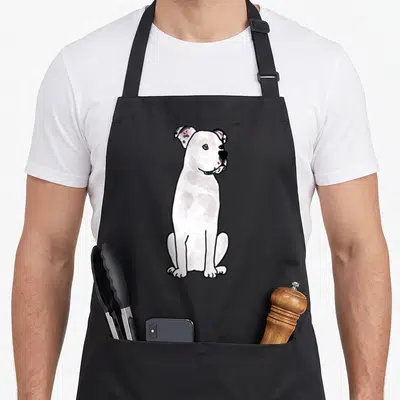 Bulldog smiletodaytees apron - Cartoon white dog sitting facing right with pink ears and black outlines — shown on a black cotton canvas apron against a white background