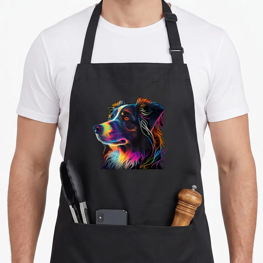 Colorful australian apron - Multicolored abstract line art dog head in black blue pink yellow orange — shown on a black cotton canvas apron against a white background