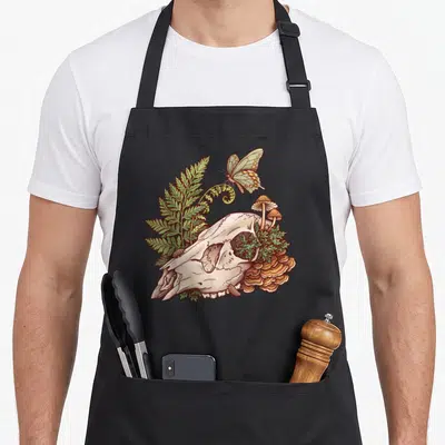Deer witch apron - Cartoon skull with green fern, orange mushrooms, mossy eye socket, and crawling isopods — shown on a black cotton canvas apron against a white background