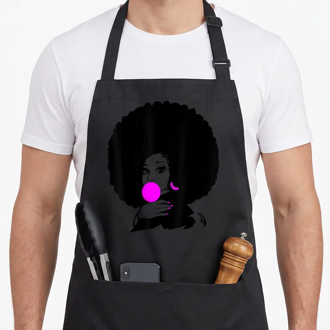 Hair african american aprons - Cartoon woman black afro pink bubblegum bubble pink nails — shown on a black cotton canvas apron against a white background