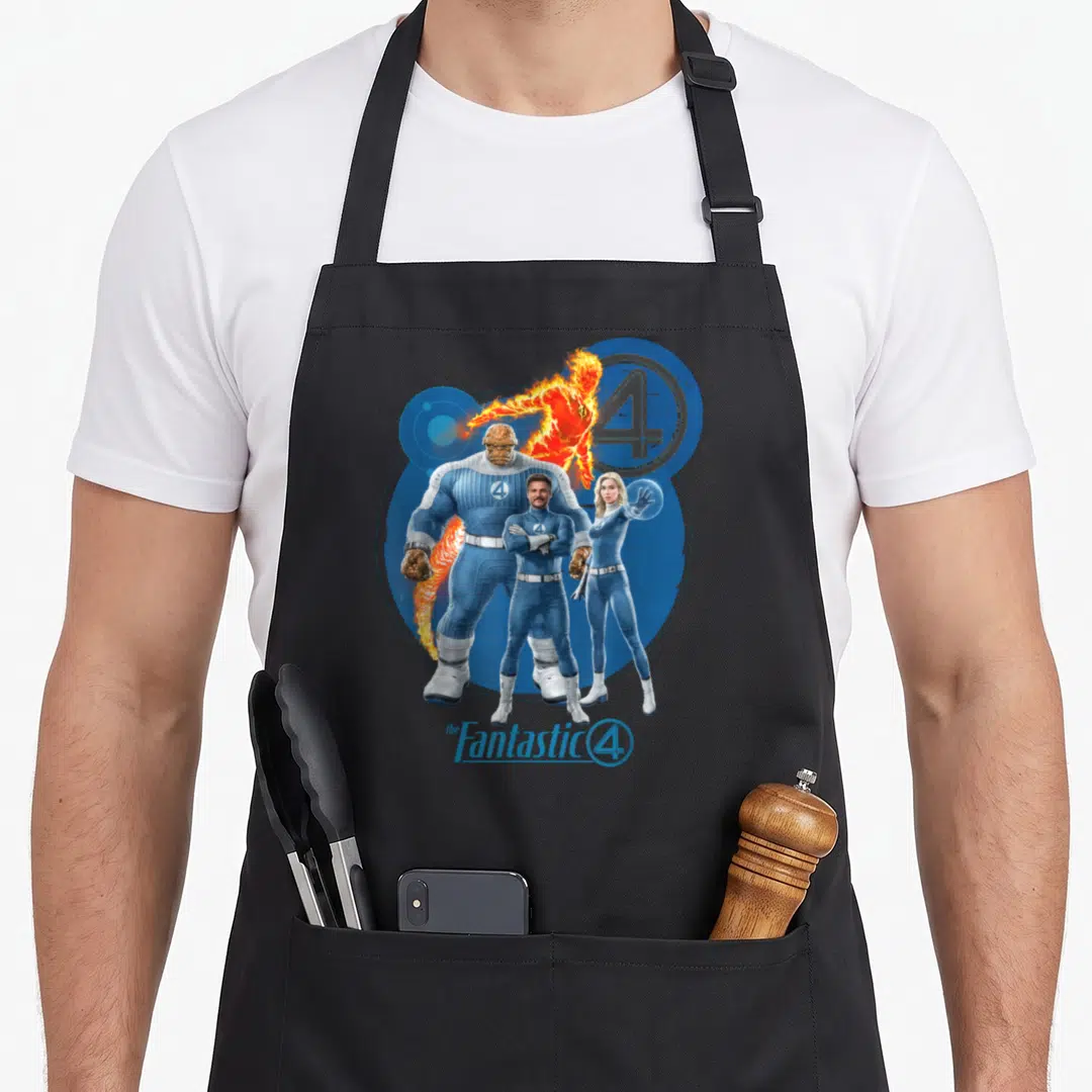 Four family aprons - Four superheroes in blue suits near a blue circle with number 4 and logo text — shown on a black cotton canvas apron against a white background