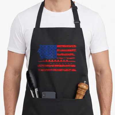 Crew american flag apron - Distressed US flag with red rowing crew silhouette overlapping lower stripes — shown on a black cotton canvas apron against a white background