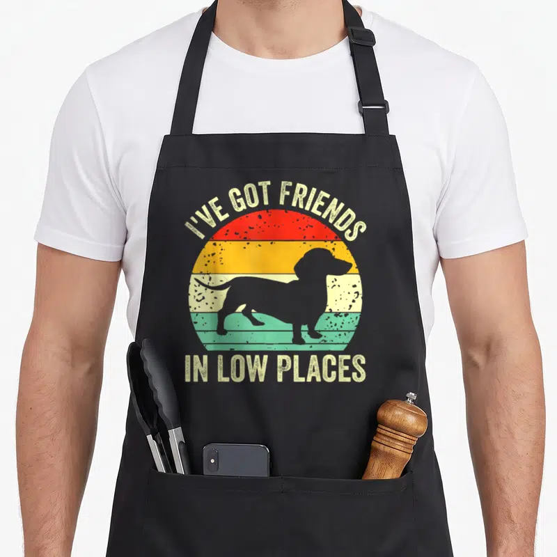 Dachshund friend wiener apron - Retro striped circle with grey dachshund silhouette and I've Got Friends In Low Places — shown on a black cotton canvas apron against a white background