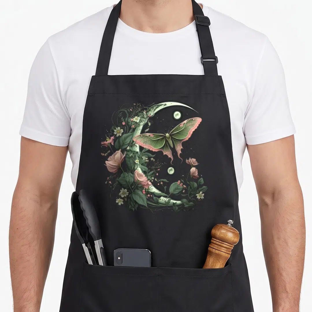 Butterfly cottagecore apron - Realistic moth over crescent moon with green pink white flowers and stars — shown on a black cotton canvas apron against a white background