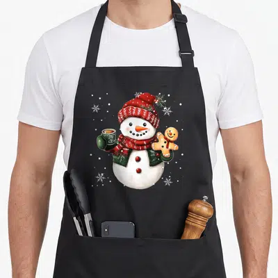 Snowman merry christmas apron - Watercolor snowman holding mug and gingerbread cookie surrounded by snowflakes in red — shown on a black cotton canvas apron against a white background