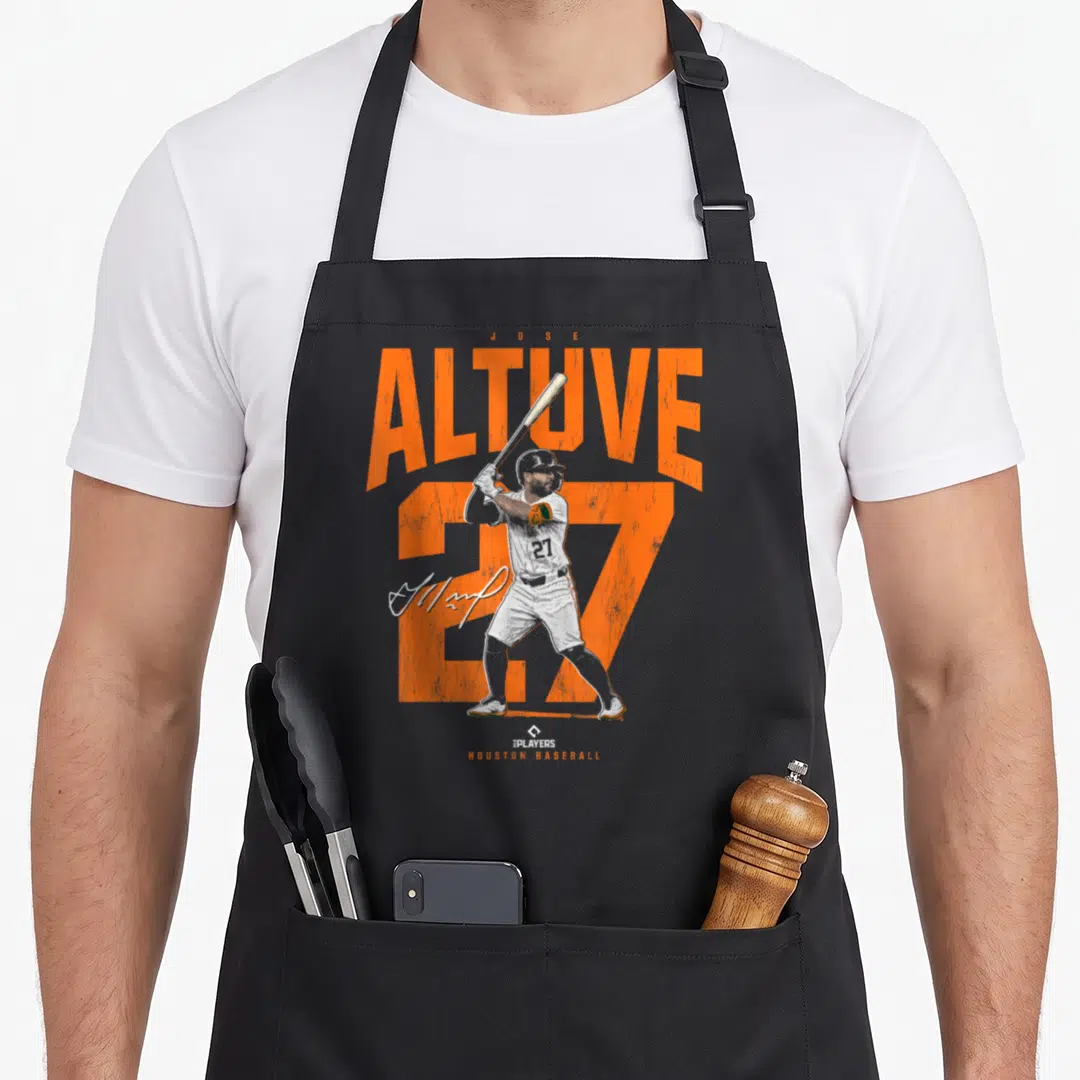 License baseball apron - Jose Altuve 27 orange number with batting player and signature — shown on a black cotton canvas apron against a white background