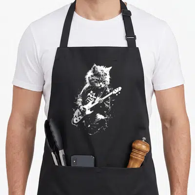 Playing punk rock apron - White distressed illustration of a cat holding an electric guitar — shown on a black cotton canvas apron against a white background
