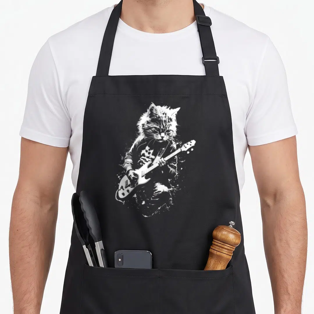 Playing punk rock apron - White distressed illustration of a cat holding an electric guitar — shown on a black cotton canvas apron against a white background