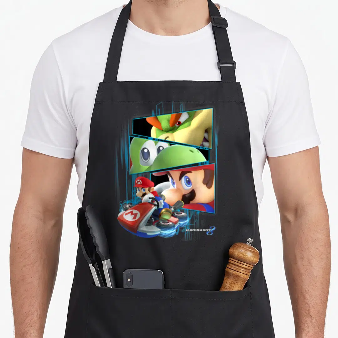 Race karting apron - Mario Kart 8 art with Mario, Bowser, Yoshi panels and MARIOKART 8 logo — shown on a black cotton canvas apron against a white background