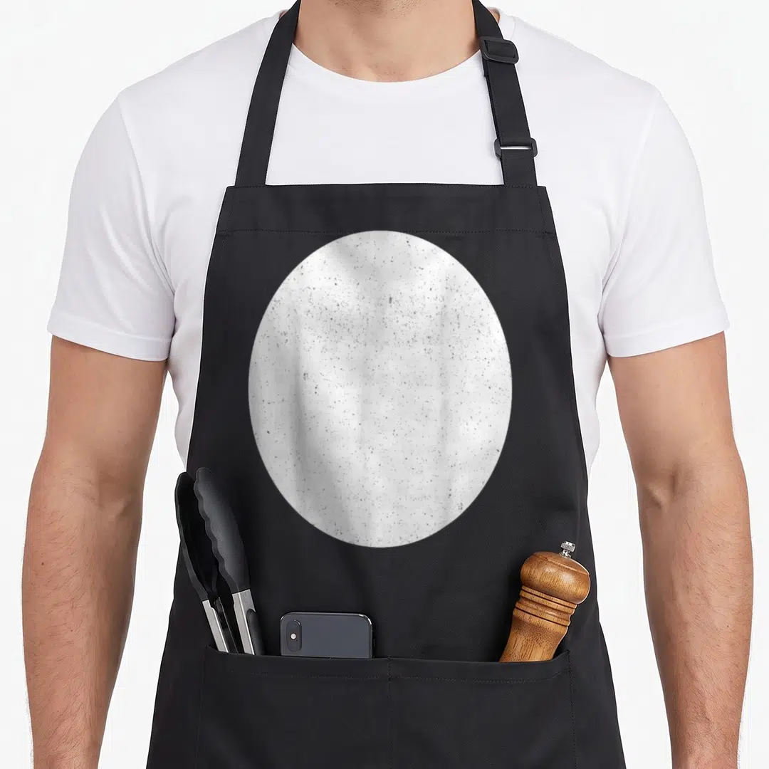 Costume donkey apron - Single speckled white circle centered on black fabric surface — shown on a black cotton canvas apron against a white background