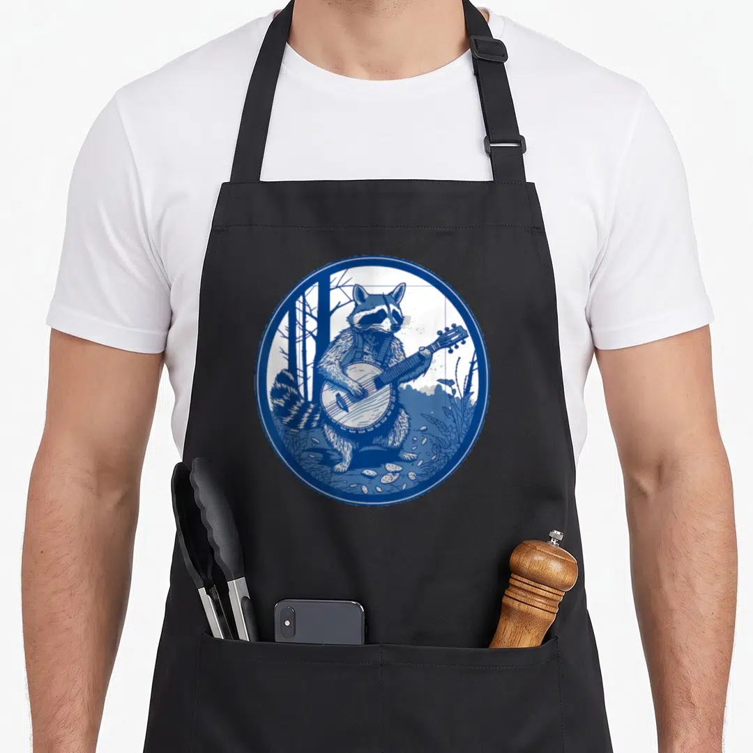 Raccoon cottagecore apron - Blue line art of a raccoon playing a banjo inside a circle surrounded by trees — shown on a black cotton canvas apron against a white background