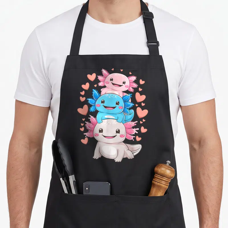Axolotl anime kawaii cooking apron - Three stacked cartoon axolotls in pink, blue, and white surrounded by pink hearts — shown on a black cotton canvas apron against a white background