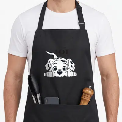 Playful dalmatian apron - Disney 101 Dalmatians text above a cartoon puppy with black spots resting on paws — shown on a black cotton canvas apron against a white background
