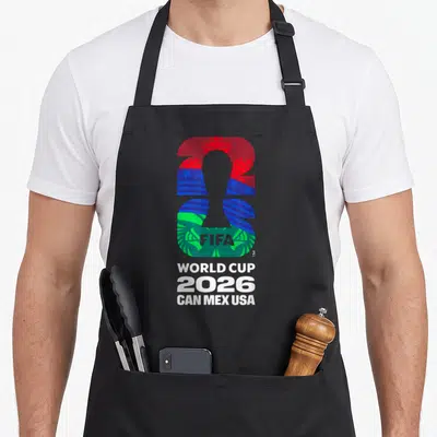 Host country apron - Grey trophy silhouette inside colorful 2026 digits with stacked white text — shown on a black cotton canvas apron against a white background