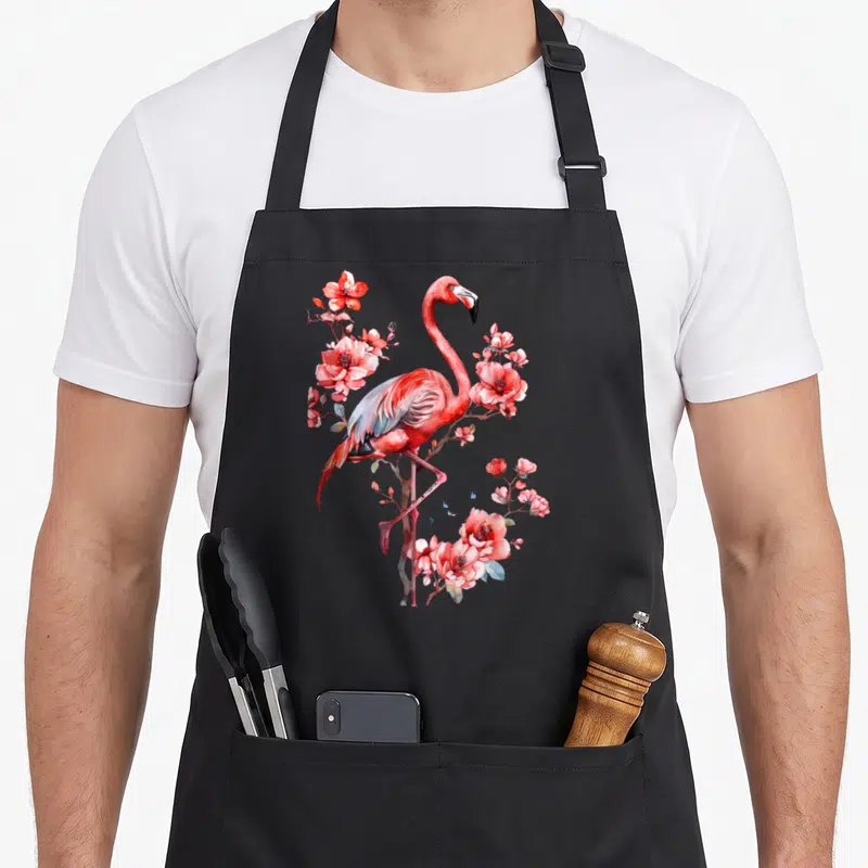 Motif the floral apron - Watercolor pink flamingo standing among red and blue floral branches with small butterflies — shown on a black cotton canvas apron against a white background