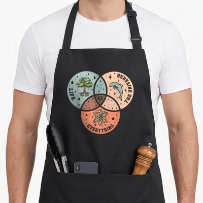 Answer astronomer life apron - Venn diagram with tree, dolphin, atom, and 42 text in muted blue orange red beige — shown on a black cotton canvas apron against a white background