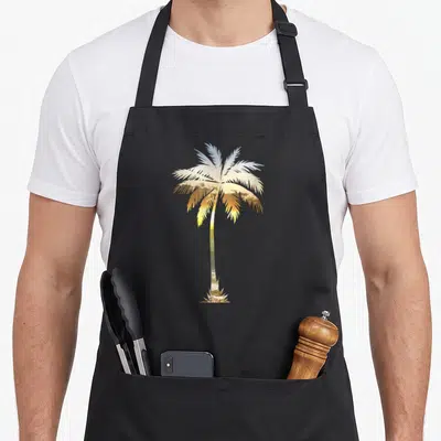 Palm sunset tree apron - Palm tree silhouette filled with beach sunset photo in yellow, blue, orange, and tan colors — shown on a black cotton canvas apron against a white background