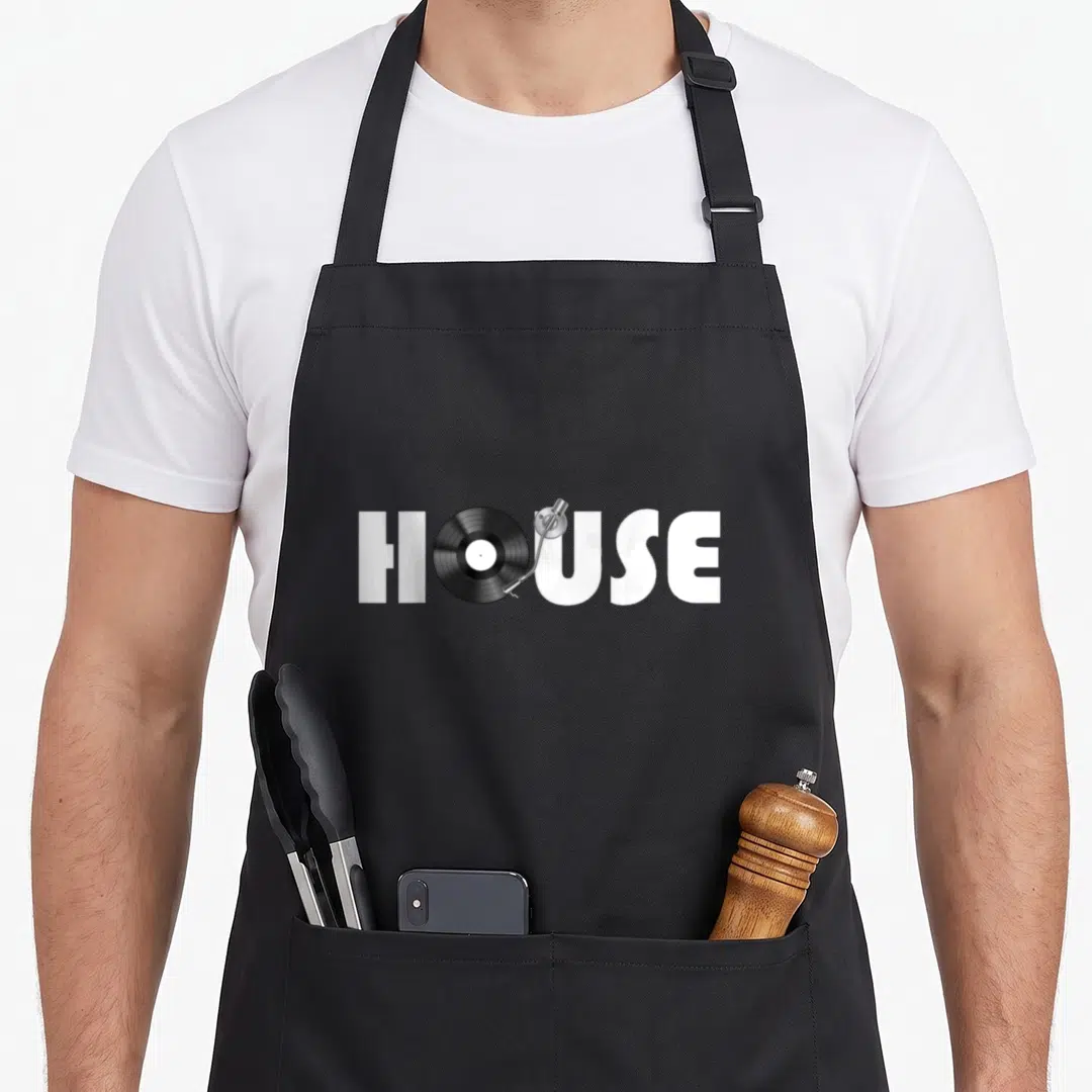 Techno turntables and aprons - HOUSE text with vinyl record O and silver tonearm — shown on a black cotton canvas apron against a white background