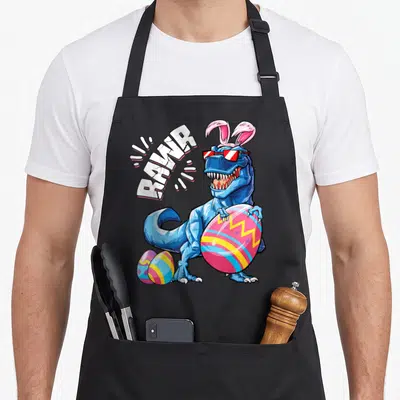 Dinosaur easter egg apron - Blue cartoon dinosaur with pink bunny ears holding a large Easter egg next to RAWR text — shown on a black cotton canvas apron against a white background