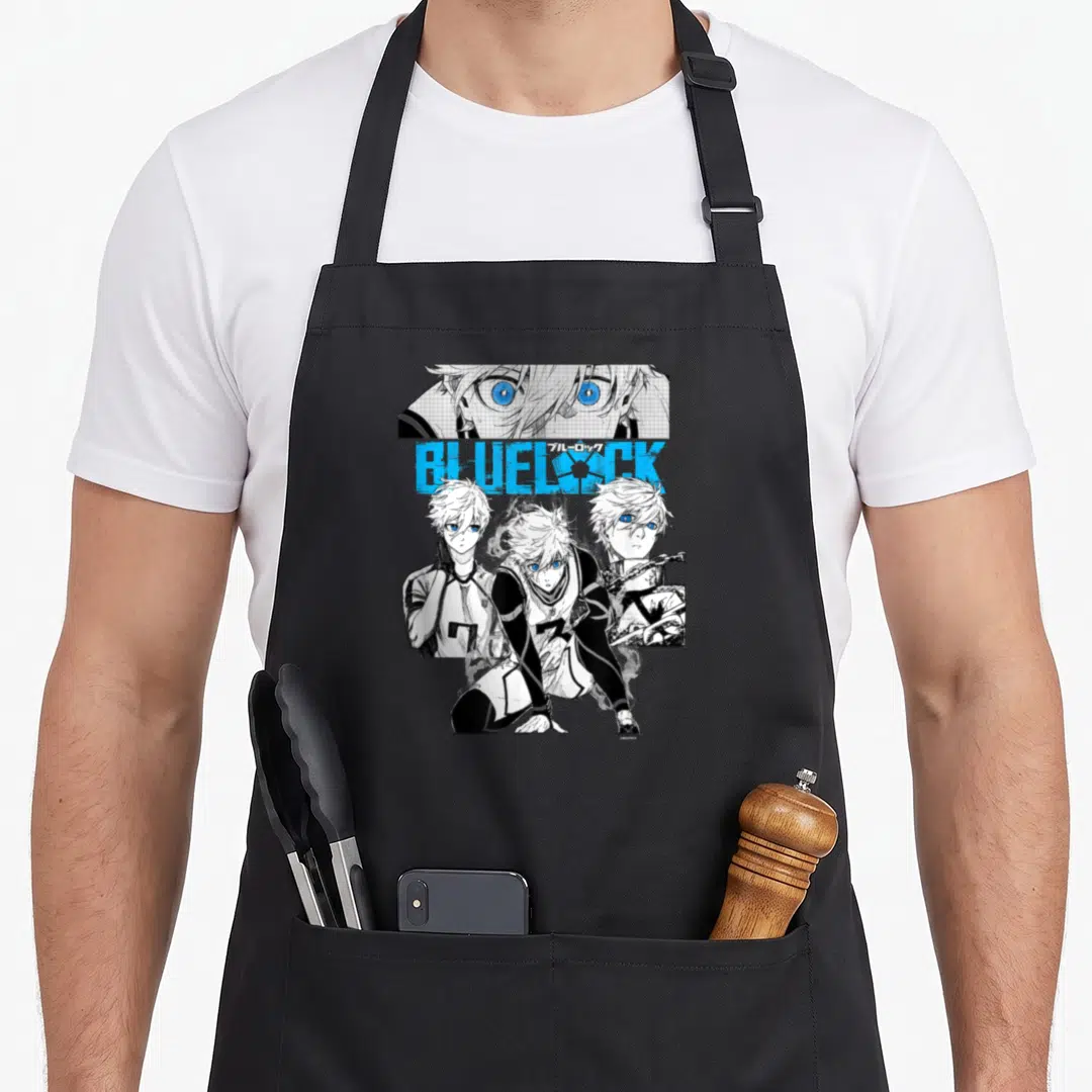 Lock blue apron - Anime character with blue eyes and three full-body poses below blue title text — shown on a black cotton canvas apron against a white background