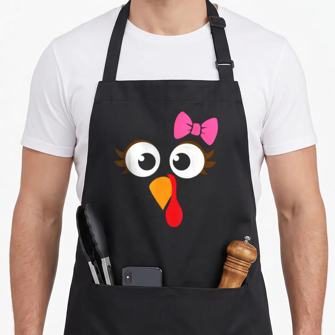 Face turkey apron - Cartoon turkey face with pink bow, two eyes, orange beak, red wattle — shown on a black cotton canvas apron against a white background