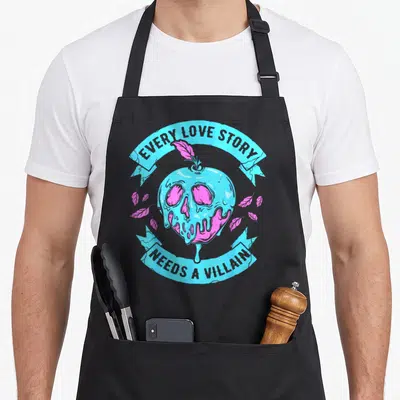 Villain apple apron - Melting blue skull apple with pink leaves and text EVERY LOVE STORY NEEDS A VILLAIN — shown on a black cotton canvas apron against a white background
