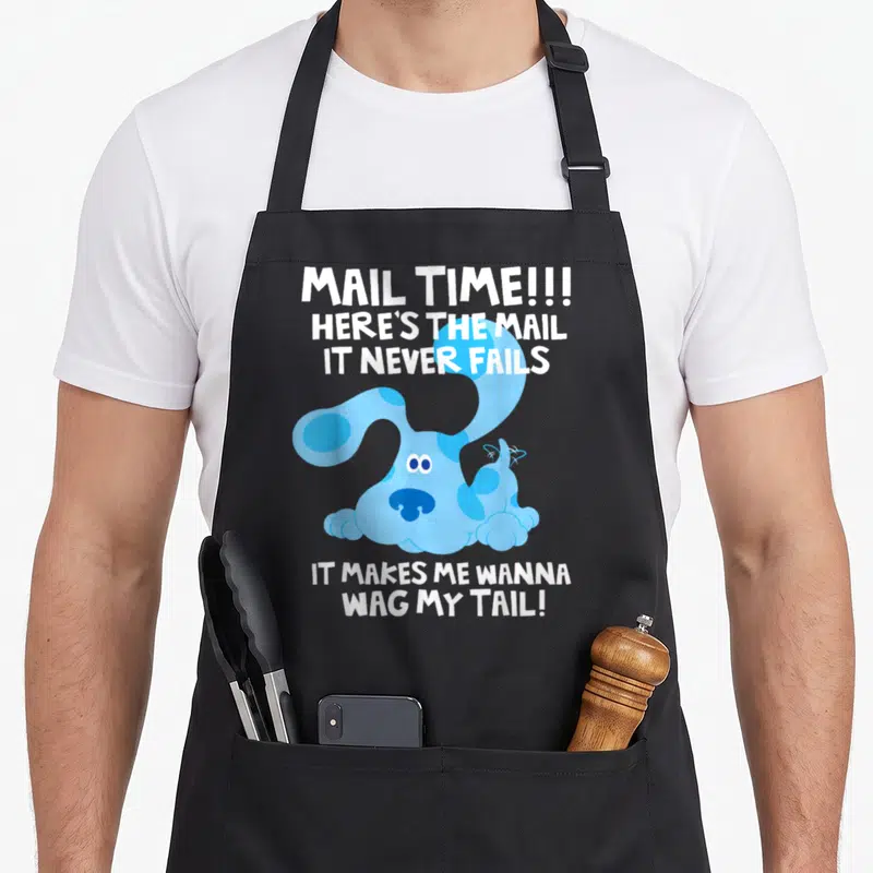 Clue mail novelty apron - Blue cartoon dog surrounded by white text reading Mail Time and Here's The Mail — shown on a black cotton canvas apron against a white background