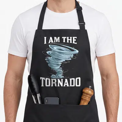 Meteorologist tornado apron - Blue cartoon tornado graphic between white 'I AM THE TORNADO' text on grey background — shown on a black cotton canvas apron against a white background