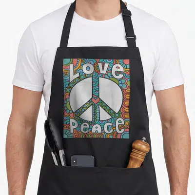 Sign tie apron - White peace symbol with red heart and Love PEACE text on colorful floral psychedelic background — shown on a black cotton canvas apron against a white background