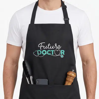 Pre doctor apron - Future DOCTOR text with white stethoscope and teal O heart shape — shown on a black cotton canvas apron against a white background