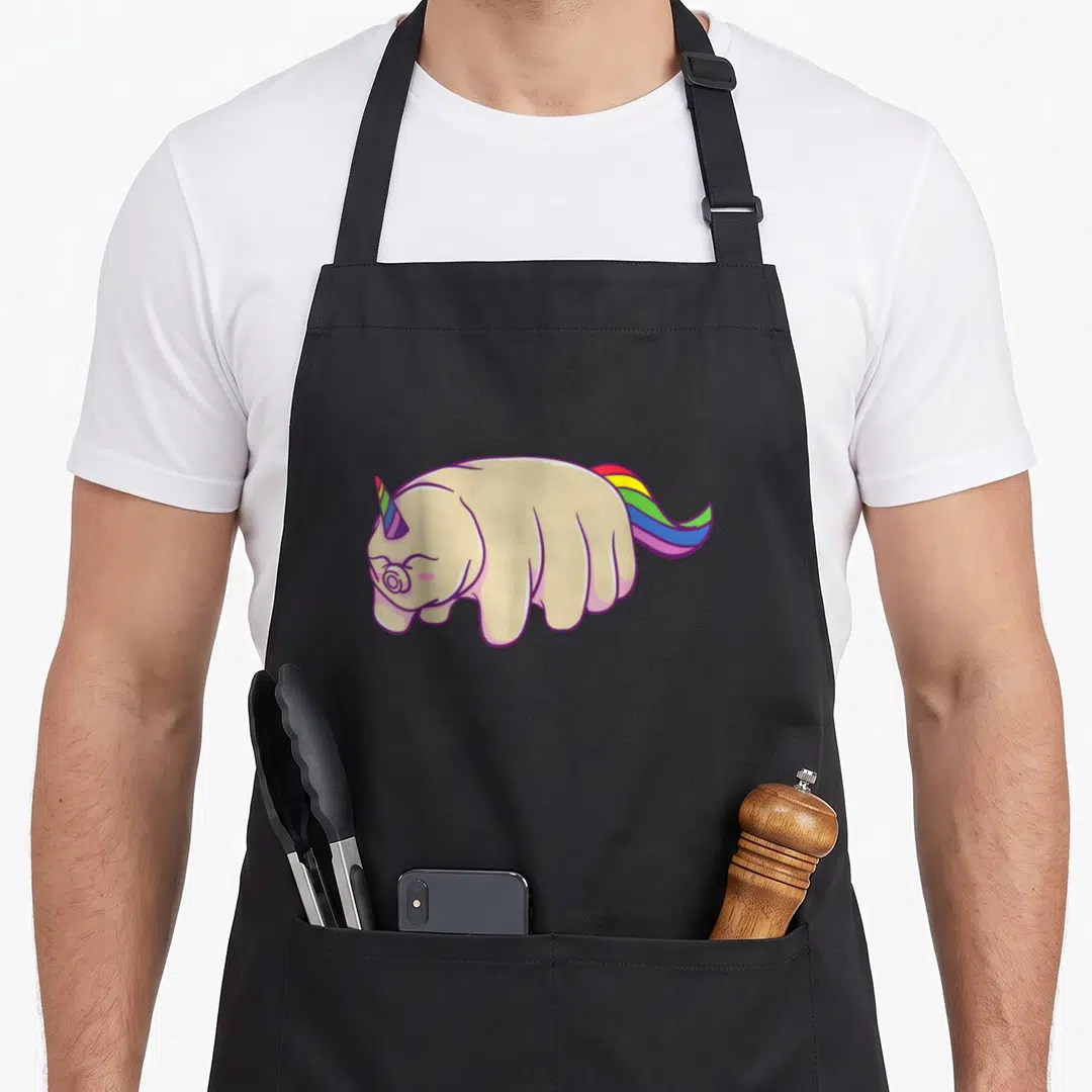 Tardigrade unicorn apron - Beige cartoon tardigrade pig with purple outline and rainbow tail — shown on a black cotton canvas apron against a white background