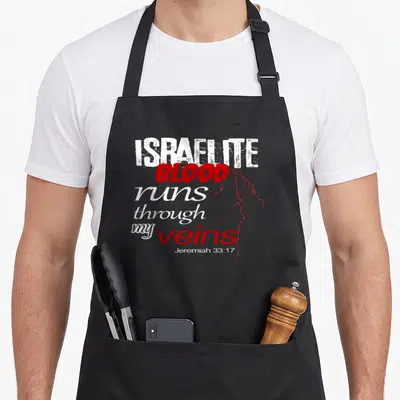 Israelite hebrew aprons - White and red text ISRAELITE BLOOD runs through my veins with red vein graphic — shown on a black cotton canvas apron against a white background