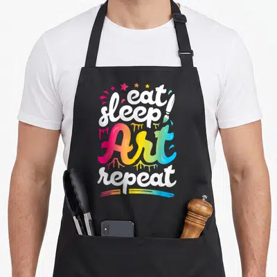 Eat creative apron - Stacked text eat sleep Art repeat with rainbow gradient, paint splatters, stars, and paintbrush — shown on a black cotton canvas apron against a white background