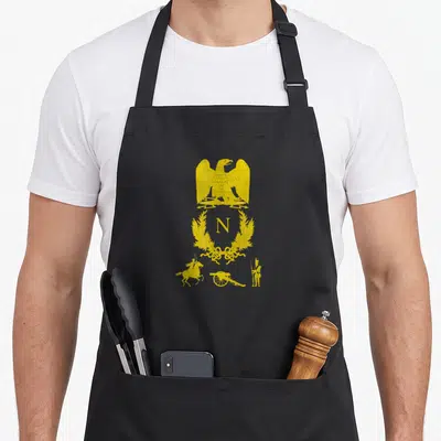 Emblem military apron - Gold eagle and letter N in laurel wreath above cannon and soldiers — shown on a black cotton canvas apron against a white background